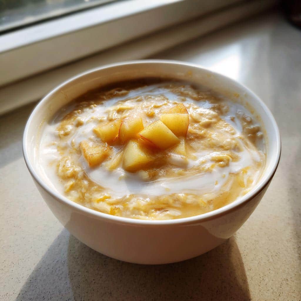 A close-up of a white bowl filled with warm Oatmeal & Apple Soup, topped with diced apples and a swirl of cream.