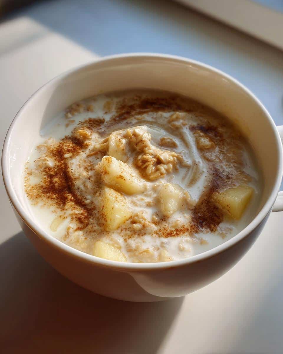 Close-up of a white bowl filled with Oatmeal & Apple Soup, topped with milk and a sprinkle of cinnamon.