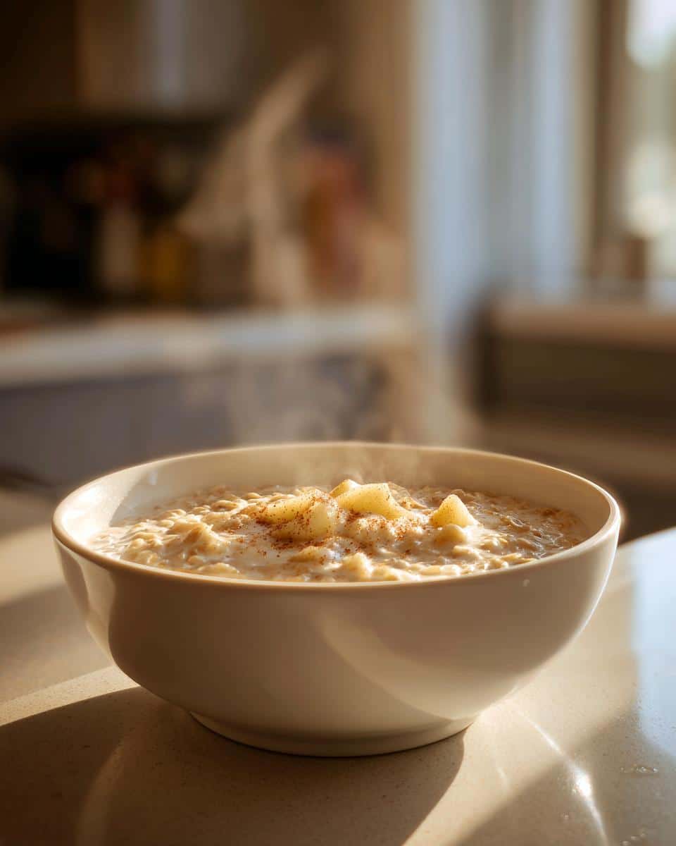 A steaming white bowl filled with warm Oatmeal & Apple Soup, topped with diced apples and cinnamon.