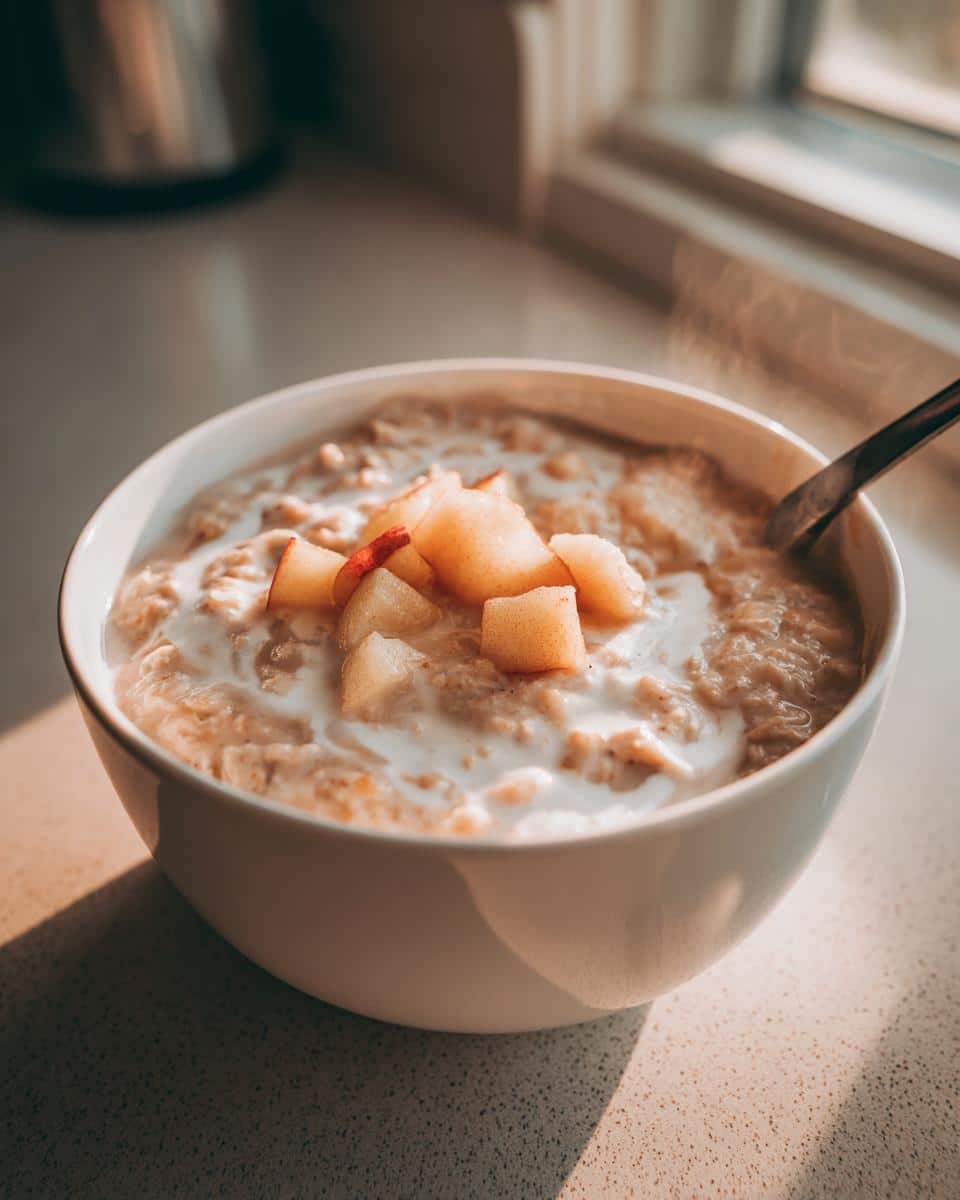 A steaming white bowl of Oatmeal & Apple Soup topped with diced apples and a swirl of cream.