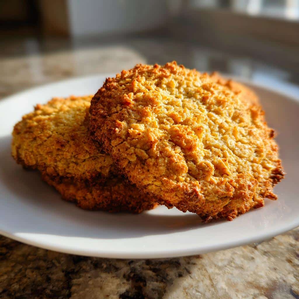 Two golden brown, textured Oatmeal Cookies For Dogs resting on a white plate in bright sunlight.