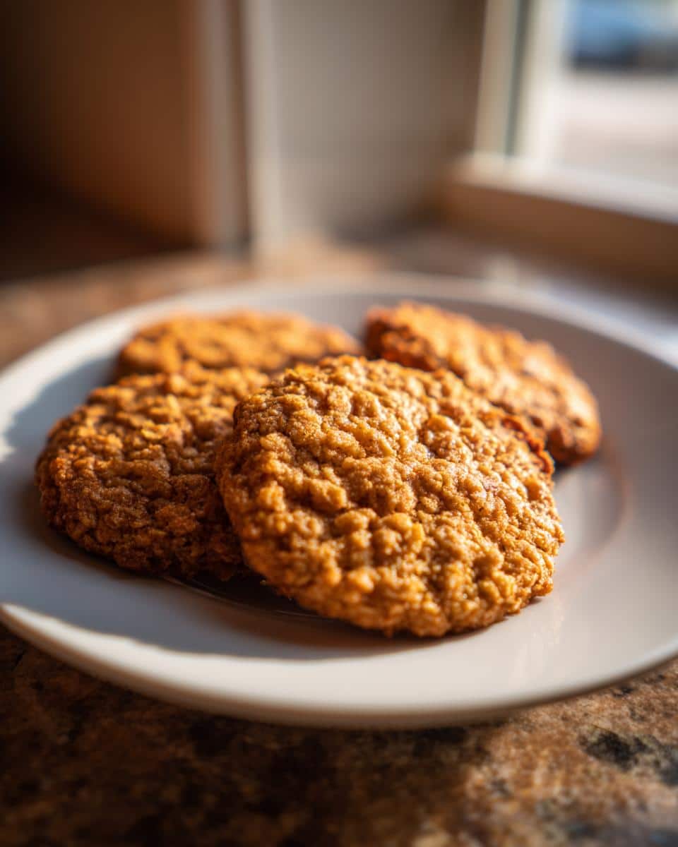 Close-up of four golden-brown Oatmeal Cookies For Dogs stacked on a light plate near a window.