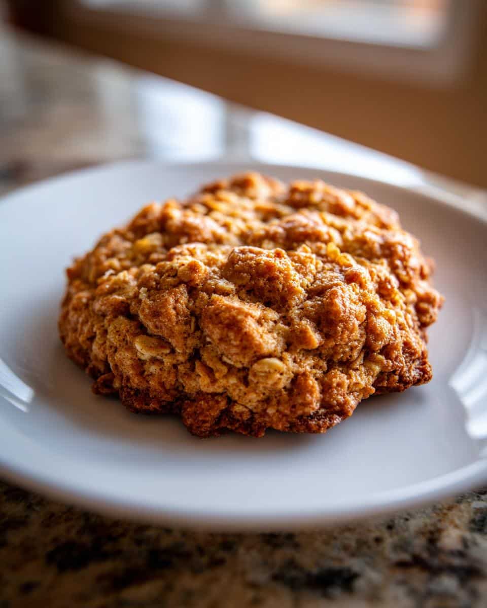 A single, textured, golden-brown Oatmeal Cookies For Dogs resting on a white plate.