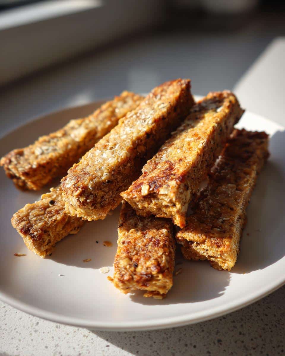 A stack of golden brown Peanut Butter and Oat Chew Sticks resting on a white plate, illuminated by natural sunlight.