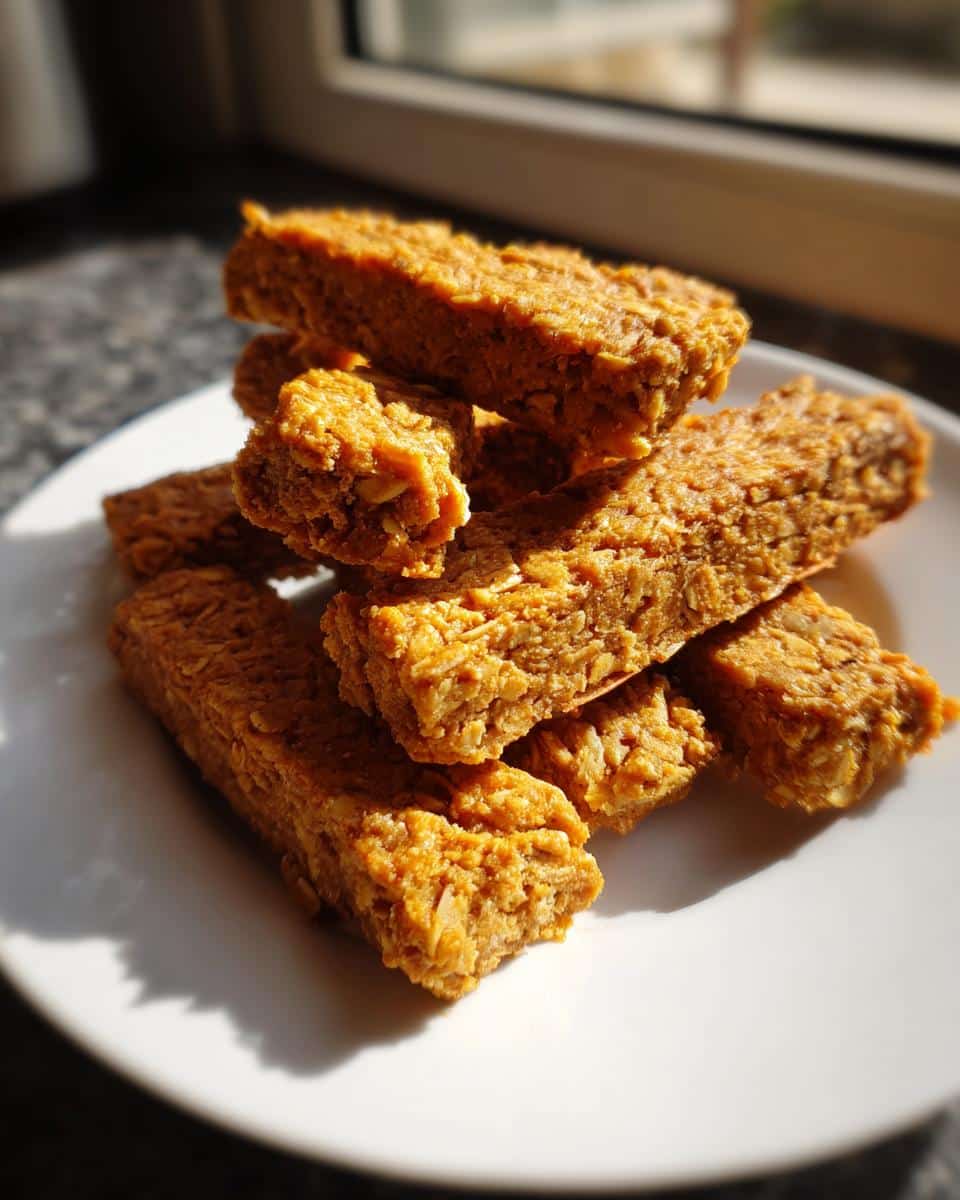 A stack of golden brown Peanut Butter and Oat Chew Sticks resting on a white plate near a window.