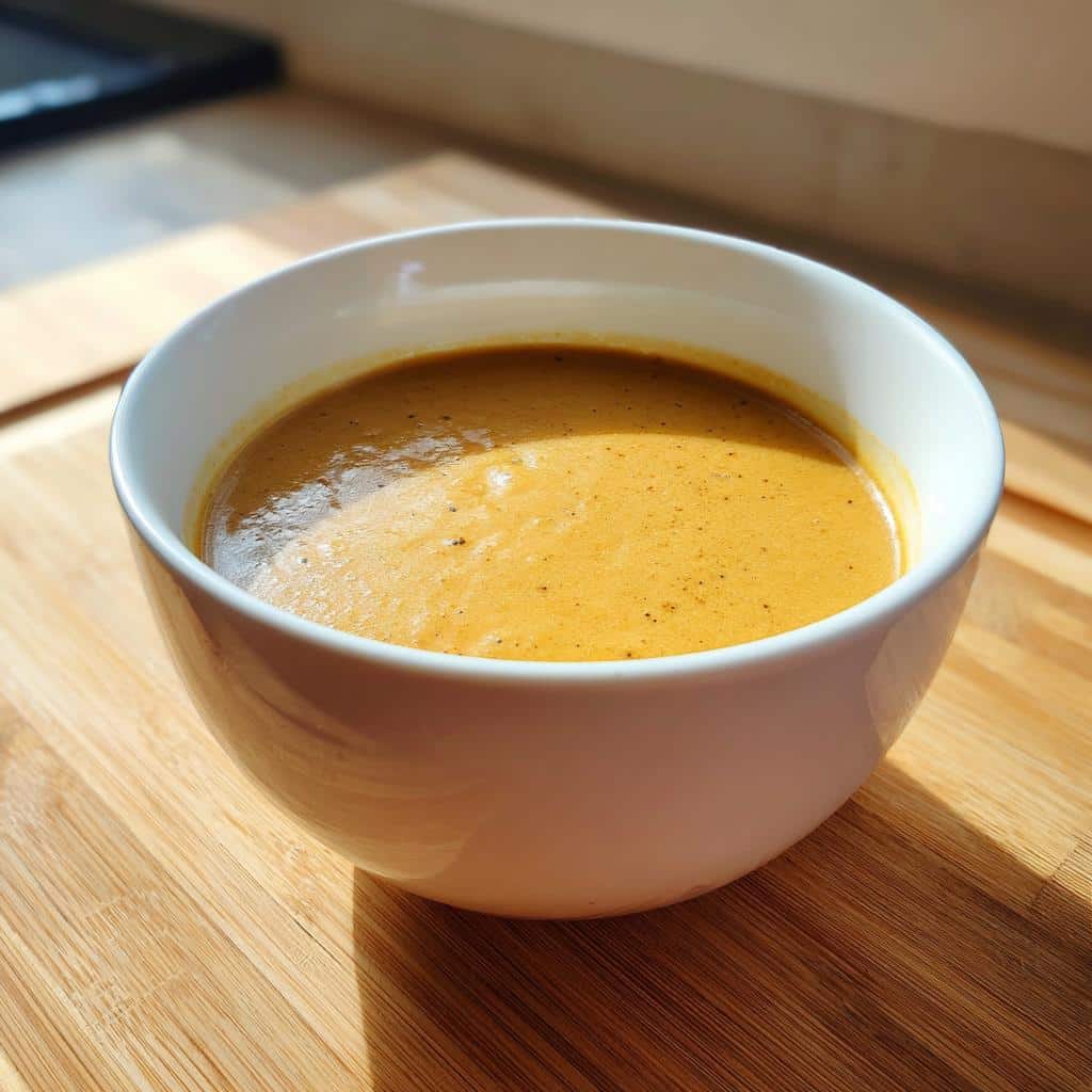 A white bowl filled with thick, frothy Peanut Butter Chicken Broth Dog mix resting on a wooden cutting board.
