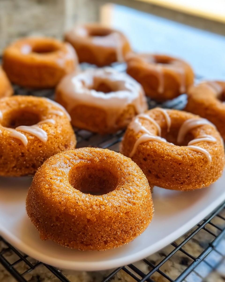 Several freshly baked Peanut Butter & Pumpkin Pup Donuts, some lightly glazed, resting on a white cooling rack.