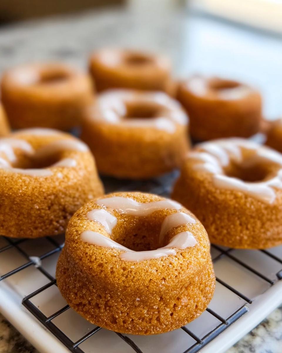 Close-up of freshly baked Peanut Butter & Pumpkin Pup Donuts with a light glaze cooling on a wire rack.