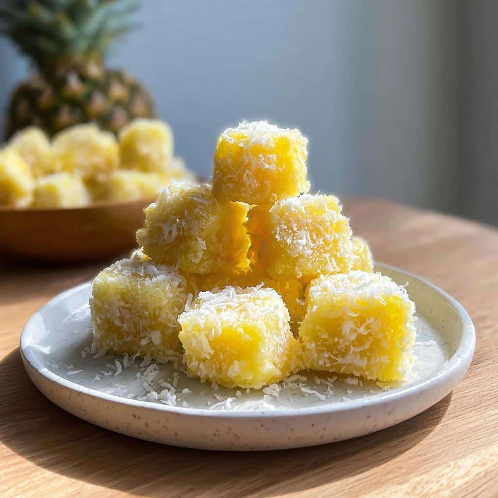 A stack of bright yellow Pineapple Coconut Frozen Dog Treats dusted with shredded coconut on a speckled plate.
