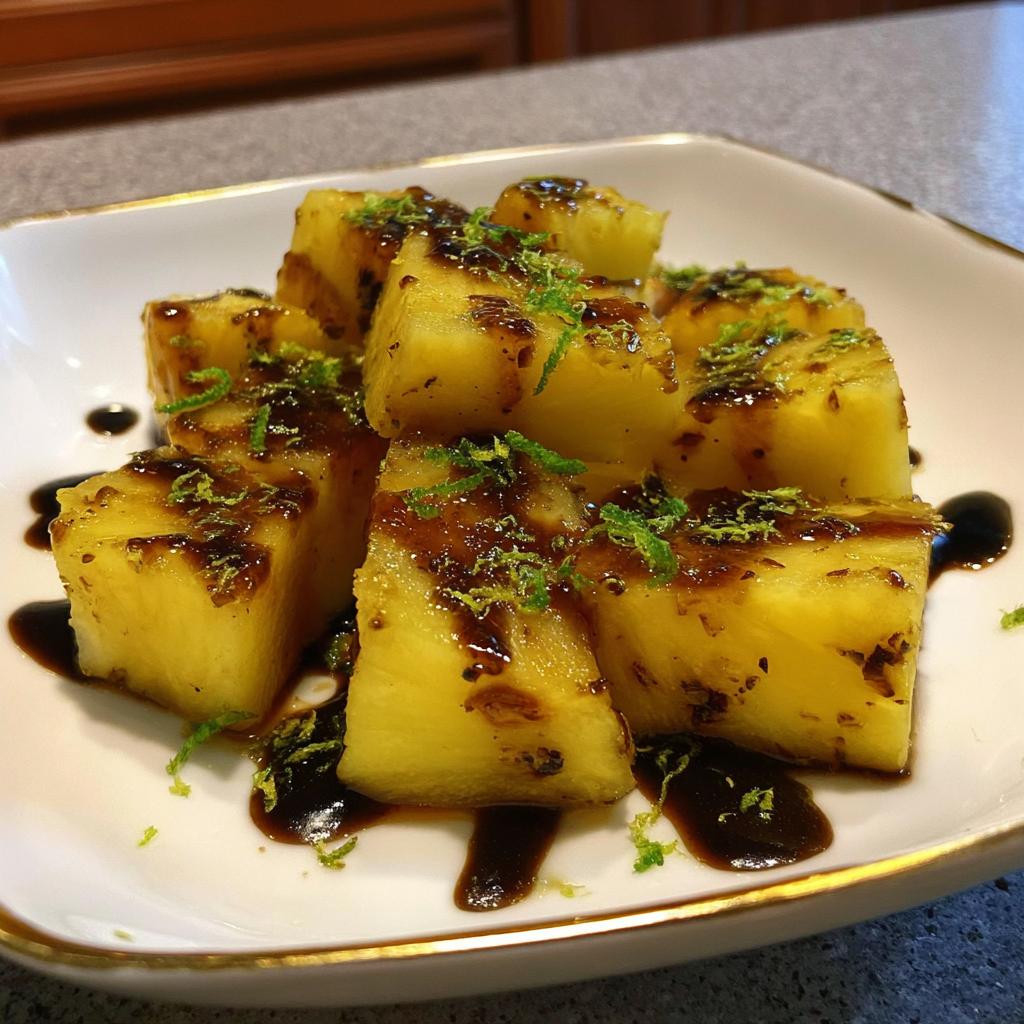 Close-up of cubed pineapple drizzled with dark molasses sauce and topped with bright green lime zest, a perfect Pineapple and Molasses treat.