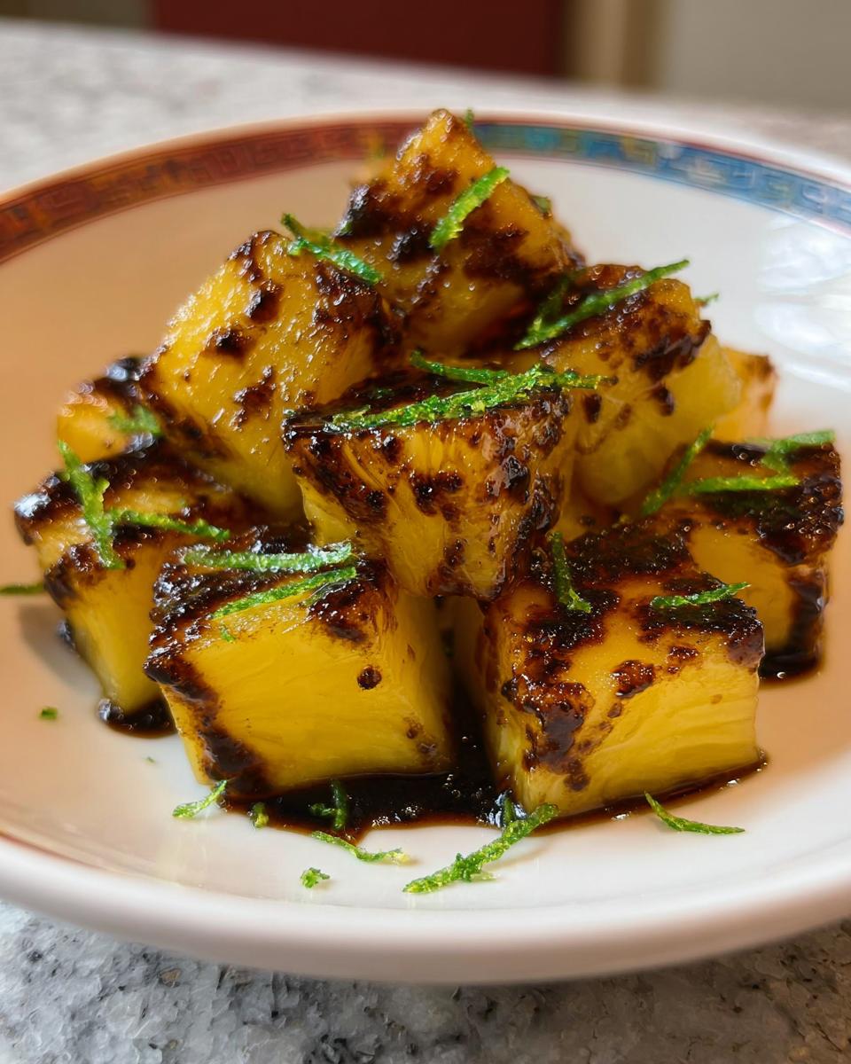 Close-up of caramelized pineapple cubes glazed with dark molasses and topped with bright green lime zest.