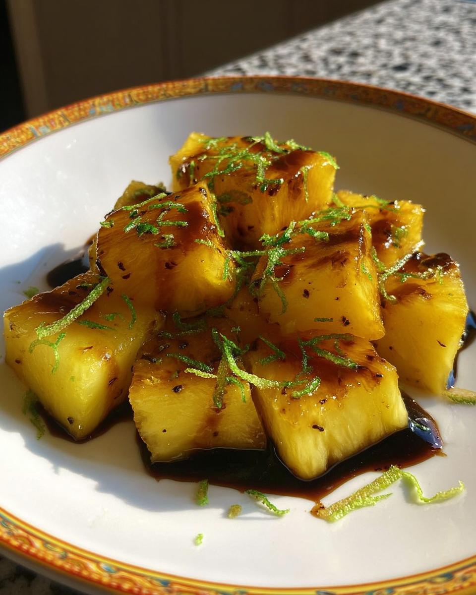 Cubes of caramelized pineapple drizzled with dark molasses and topped with bright green lime zest.