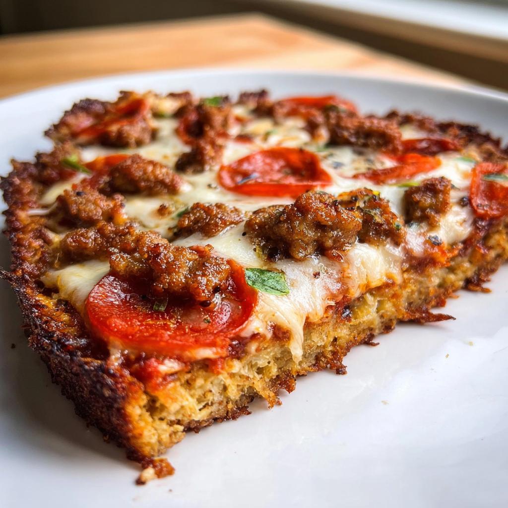 Close-up of a single slice of homemade Pizza Slices Dog Treats topped with melted cheese, pepperoni, and sausage crumbles.