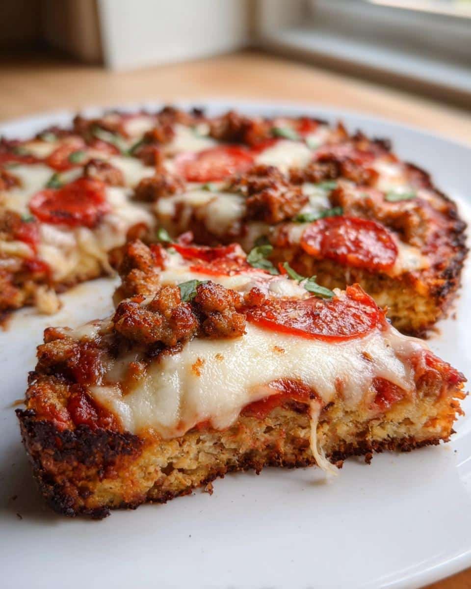 A close-up of one slice of the homemade Pizza Slices Dog Treats, topped with melted cheese, pepperoni, and sausage.