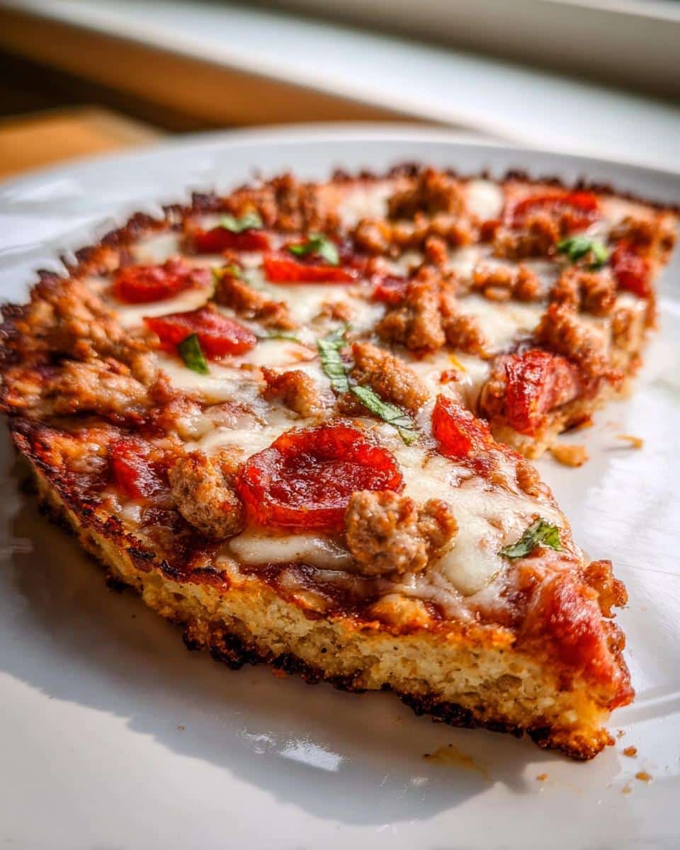 A close-up of a thick, savory slice resembling pizza, made as Pizza Slices Dog Treats, topped with cheese, sausage, and pepperoni.