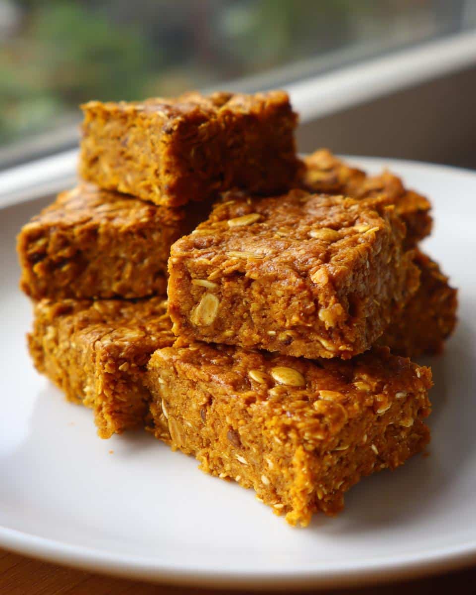 A stack of homemade Pumpkin Chia crunch bars for dogs, showing a dense, orange texture with visible oats and seeds.