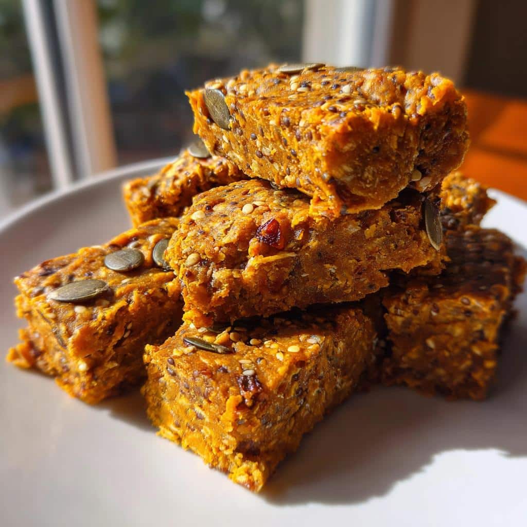 A stack of dense, orange Pumpkin Chia crunch bars for dogs, topped with visible pumpkin seeds and chia seeds.