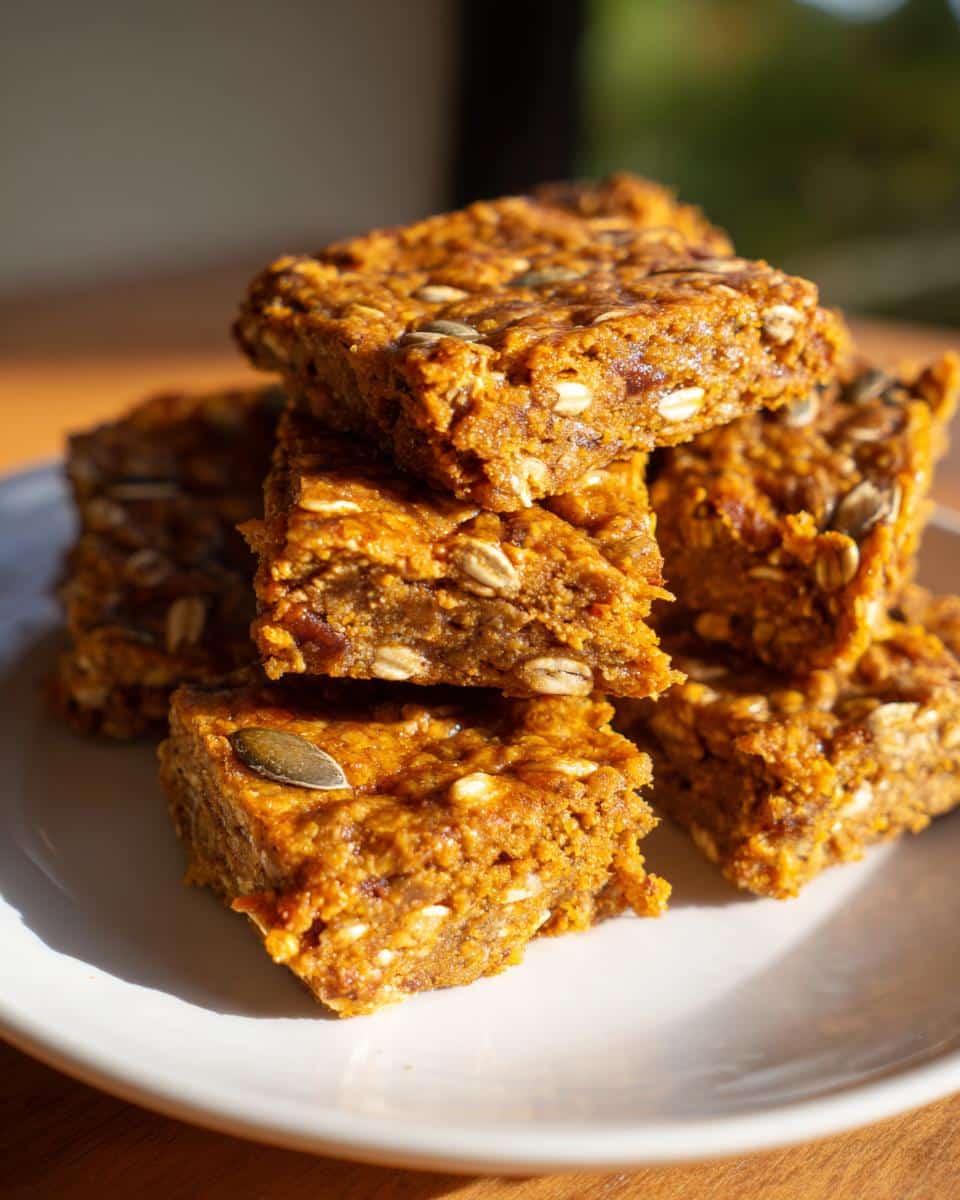 A stack of rich orange Pumpkin Chia crunch bars for dogs, featuring visible oats and pumpkin seeds, resting on a white plate.