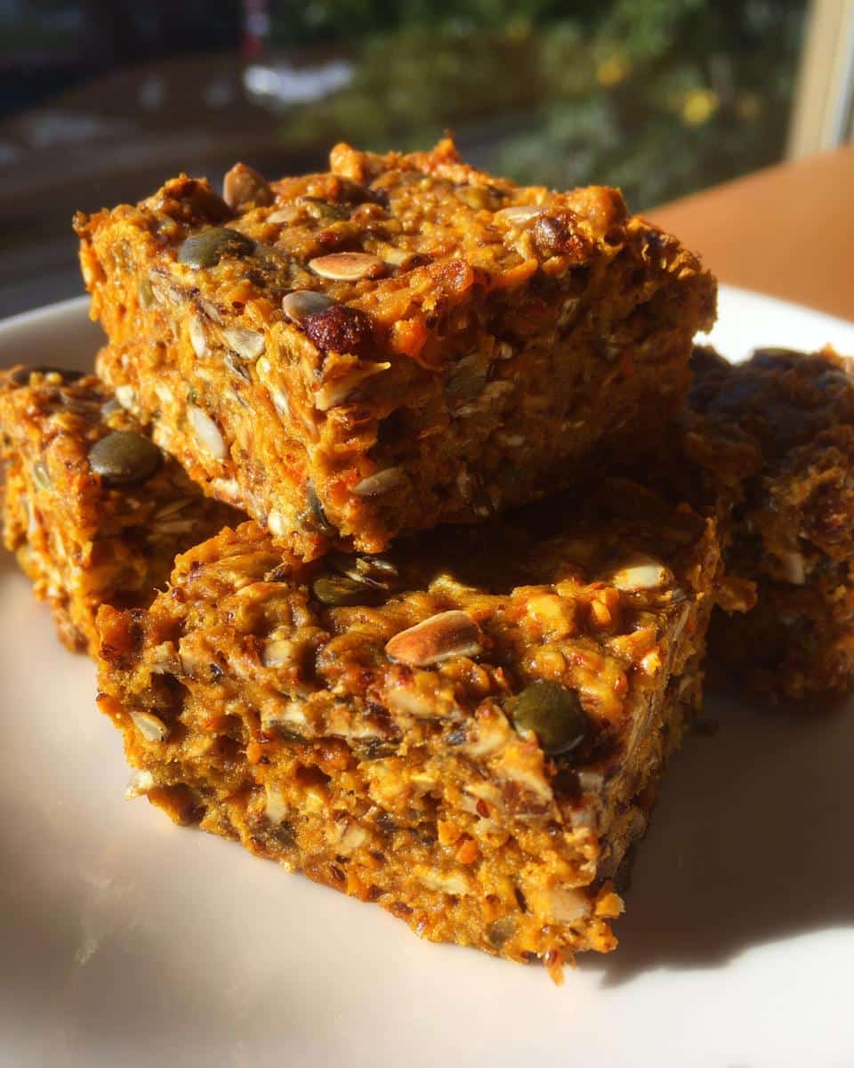 A stack of three homemade Pumpkin Chia crunch bars for dogs, rich orange in color and packed with visible seeds.