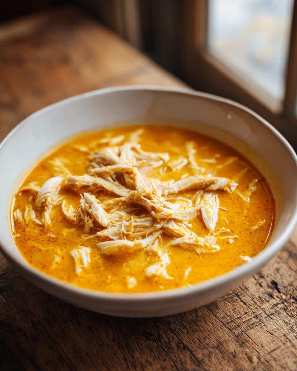 Close-up of a white bowl filled with vibrant orange Pumpkin & Chicken Soup for Dogs, topped with shredded chicken.