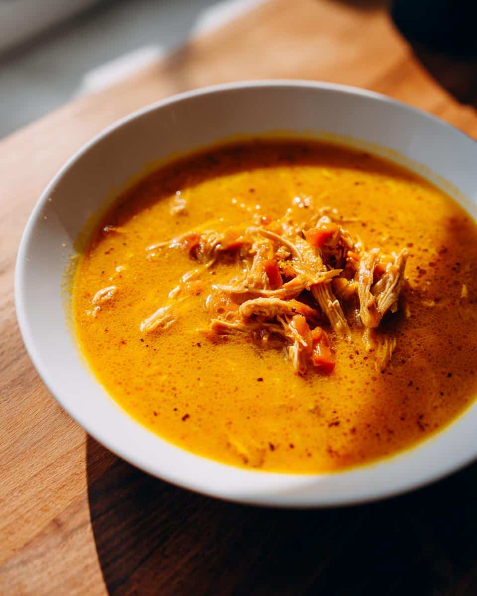 Close-up of a white bowl filled with bright orange Pumpkin & Chicken Soup for Dogs, topped with shredded chicken.