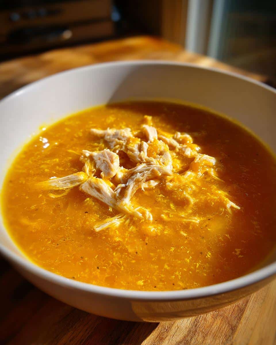 Close-up of a white bowl filled with rich orange Pumpkin & Chicken Soup for Dogs, topped with shredded chicken.