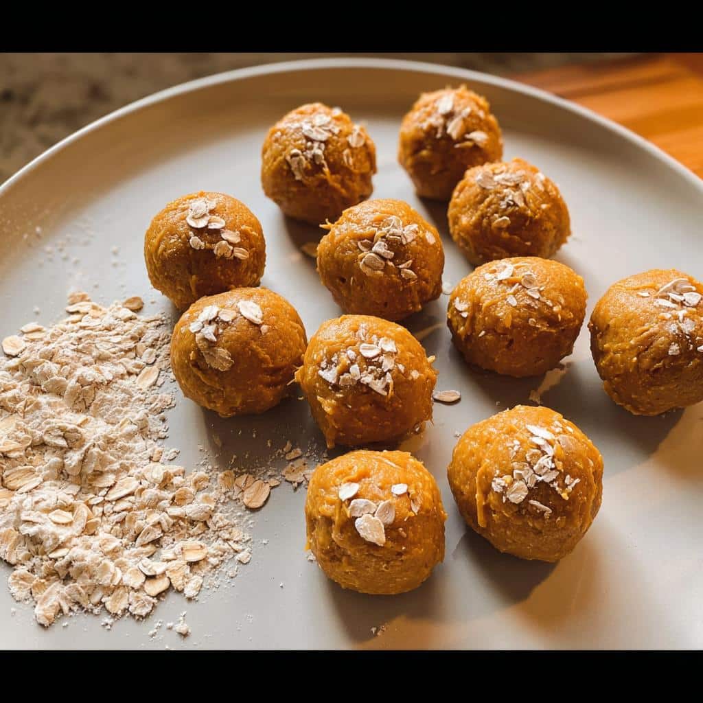 Nine finished Pumpkin Dog Treat Balls arranged on a gray plate next to a pile of rolled oats.