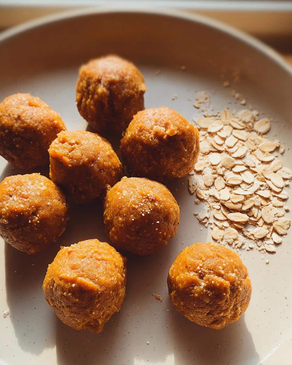 Seven homemade Pumpkin Dog Treat Balls resting on a plate next to a small pile of rolled oats.
