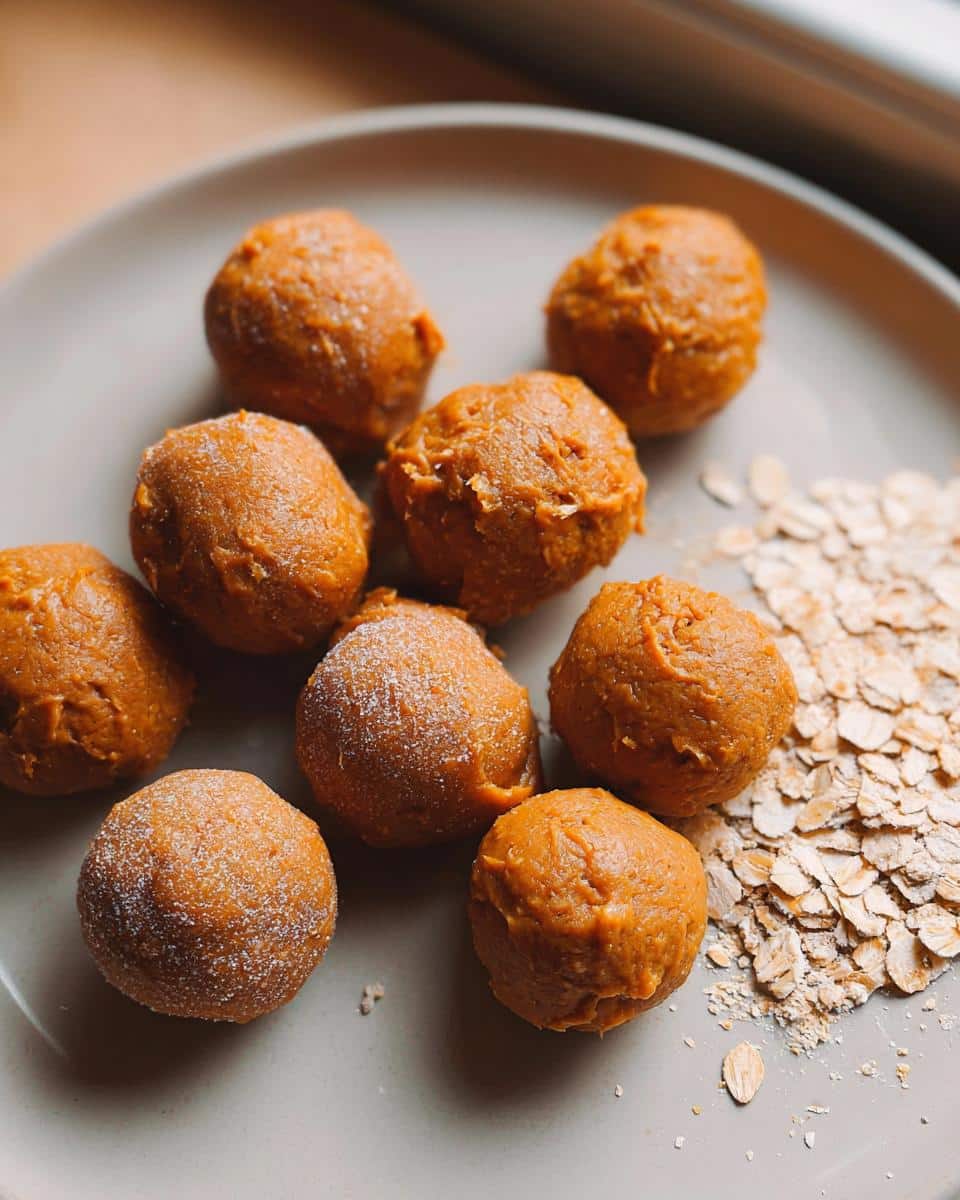 Eight orange Pumpkin Dog Treat Balls resting on a light gray plate next to a pile of rolled oats.