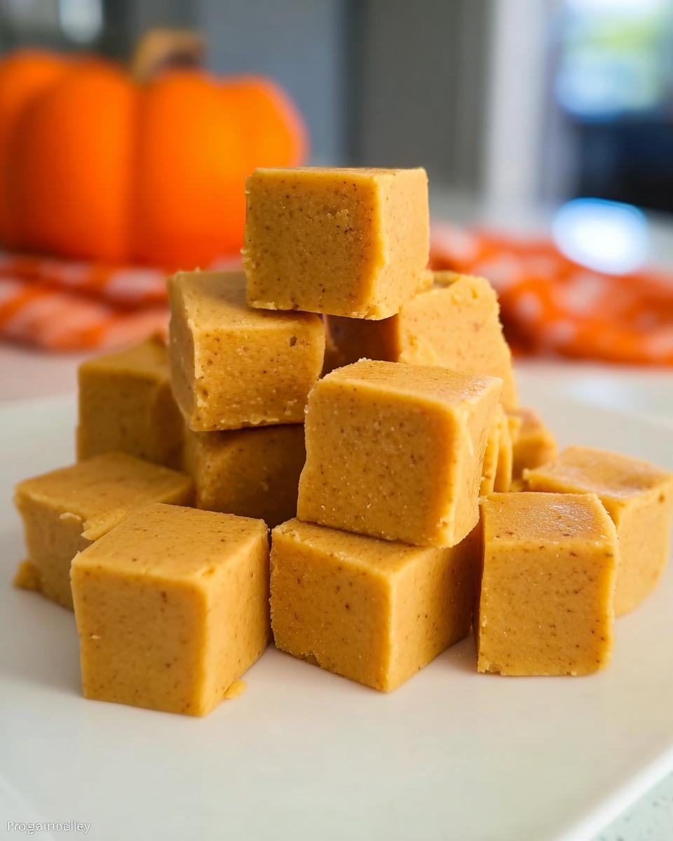 A stack of square, orange Pumpkin Fudge for dogs treats on a white plate with a whole pumpkin blurred in the background.