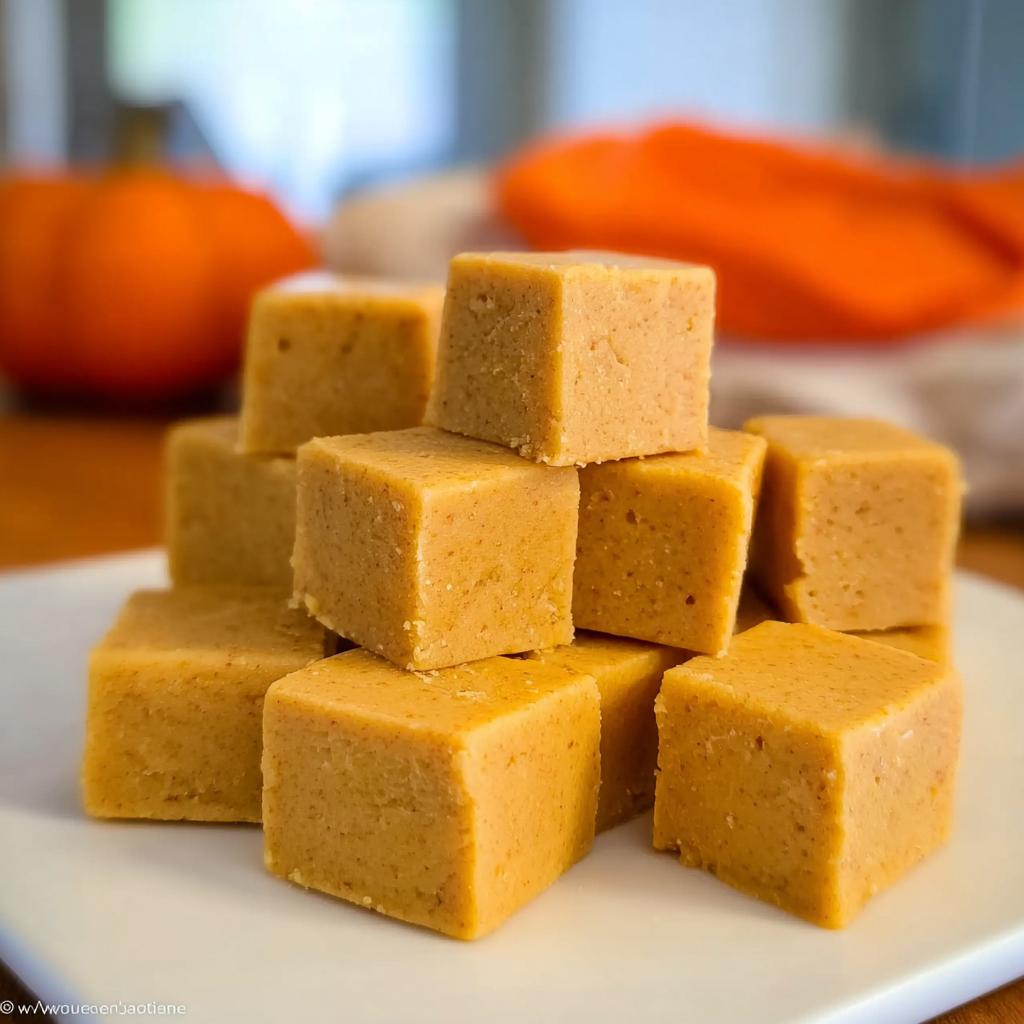 A close-up stack of square, orange-colored Pumpkin Fudge for dogs treats on a white plate.