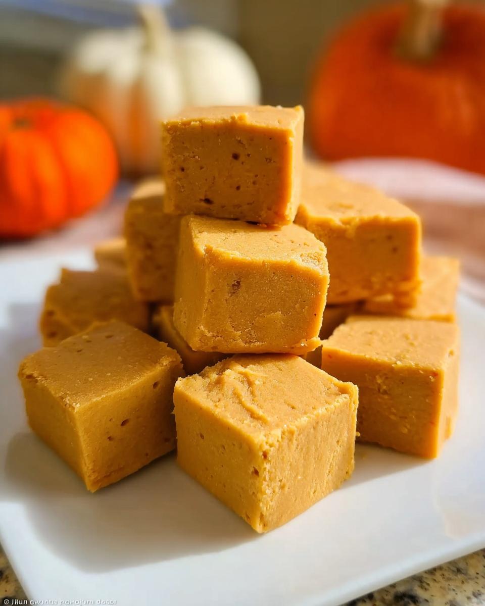 A stack of homemade Pumpkin Fudge for dogs treats on a white plate with decorative pumpkins in the background.