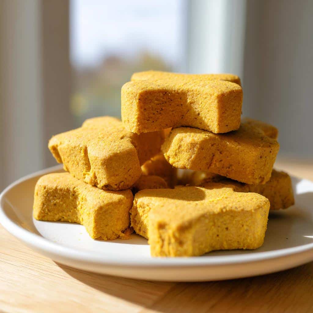 A close-up stack of golden, star-shaped Pumpkin Turmeric Dog Treats on a white plate.