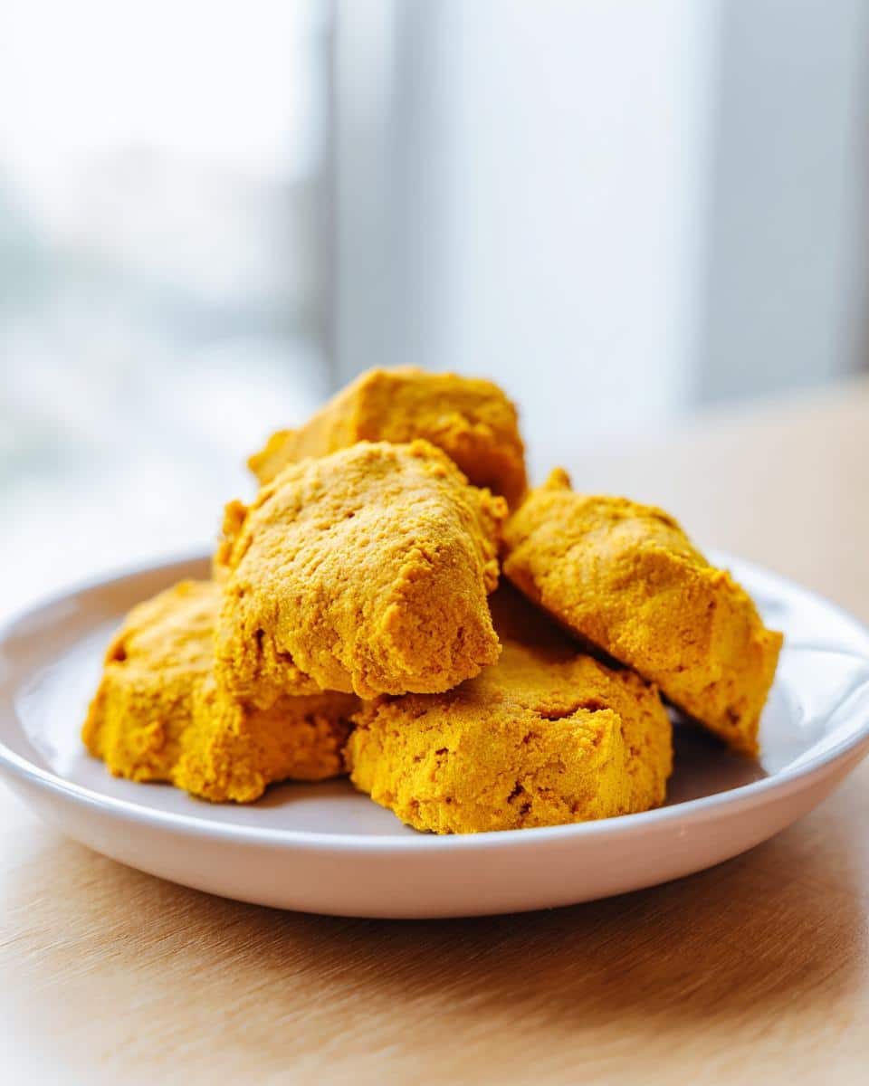 A small stack of bright orange-yellow Pumpkin Turmeric Dog Treats resting on a white plate.