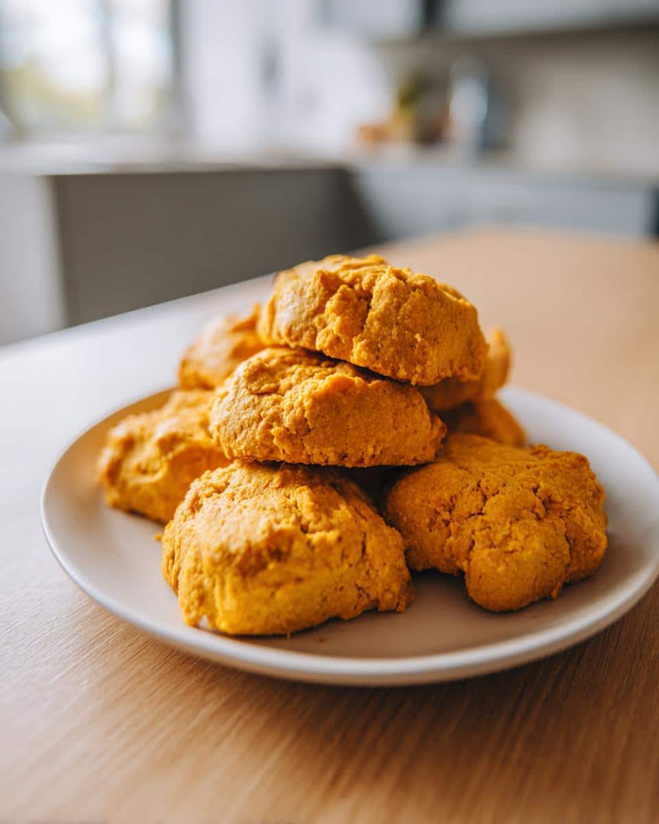 A stack of bright orange Pumpkin Turmeric Dog Treats resting on a light-colored plate on a wooden table.