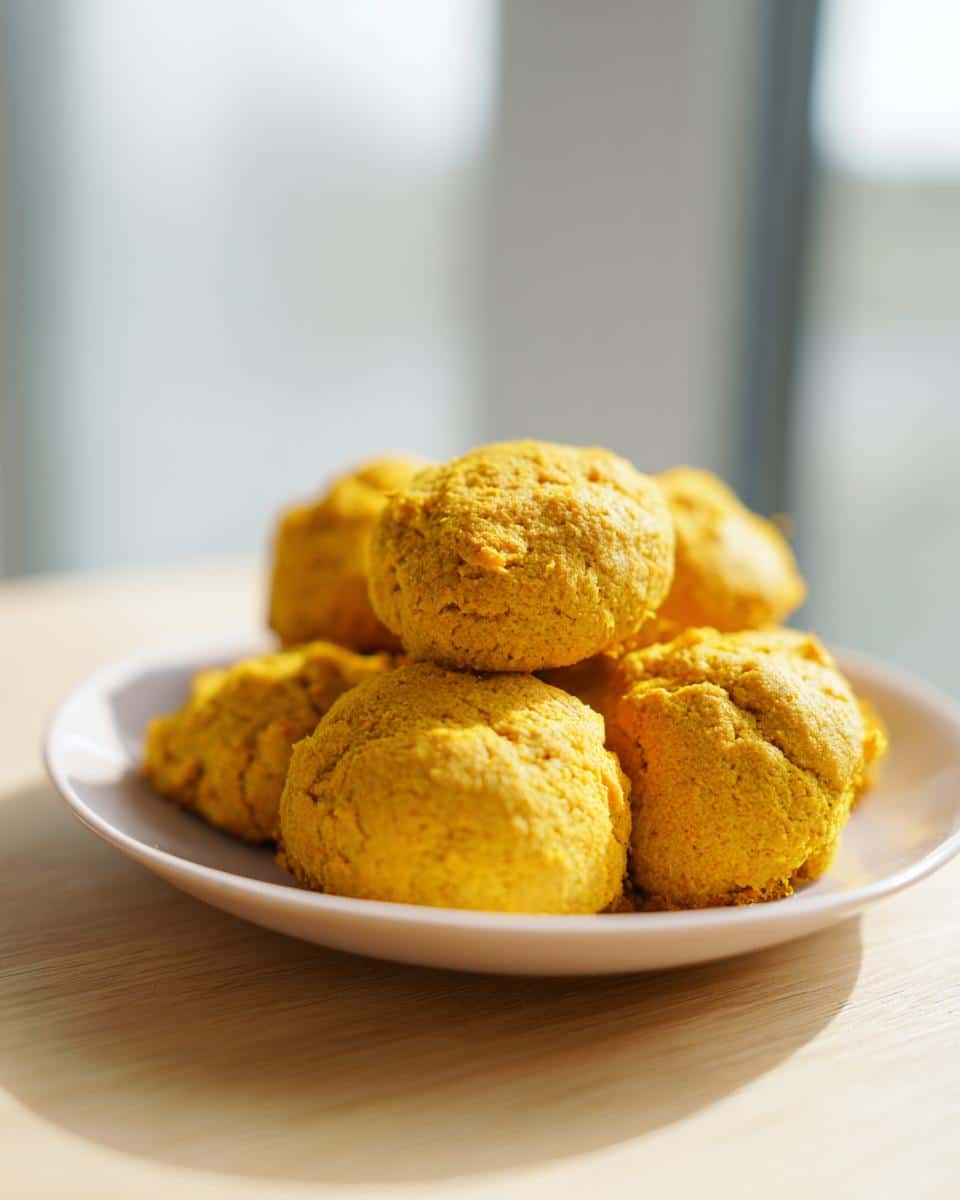 A stack of bright yellow Pumpkin Turmeric Dog Treats resting on a small white plate, lit by natural window light.