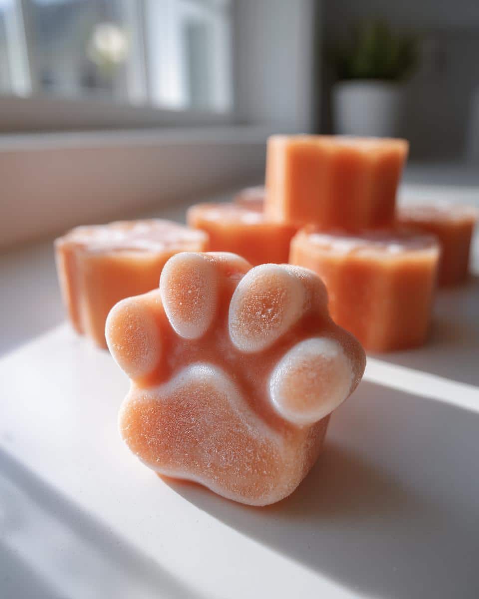 Close-up of a frozen, orange Pumpkin Yogurt Paw Popsicles treat shaped like a dog paw.