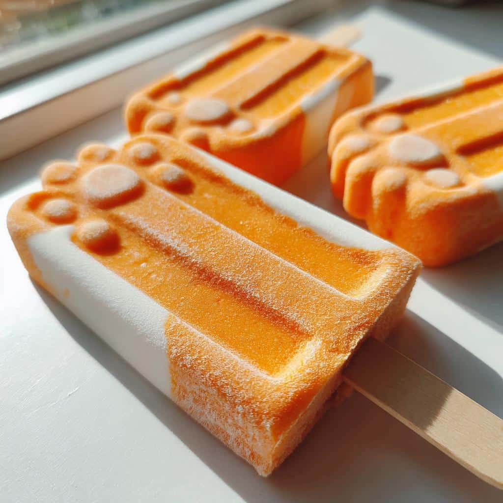 Close-up of three frozen Pumpkin Yogurt Paw Popsicles, featuring orange and white layers and a paw print mold shape.