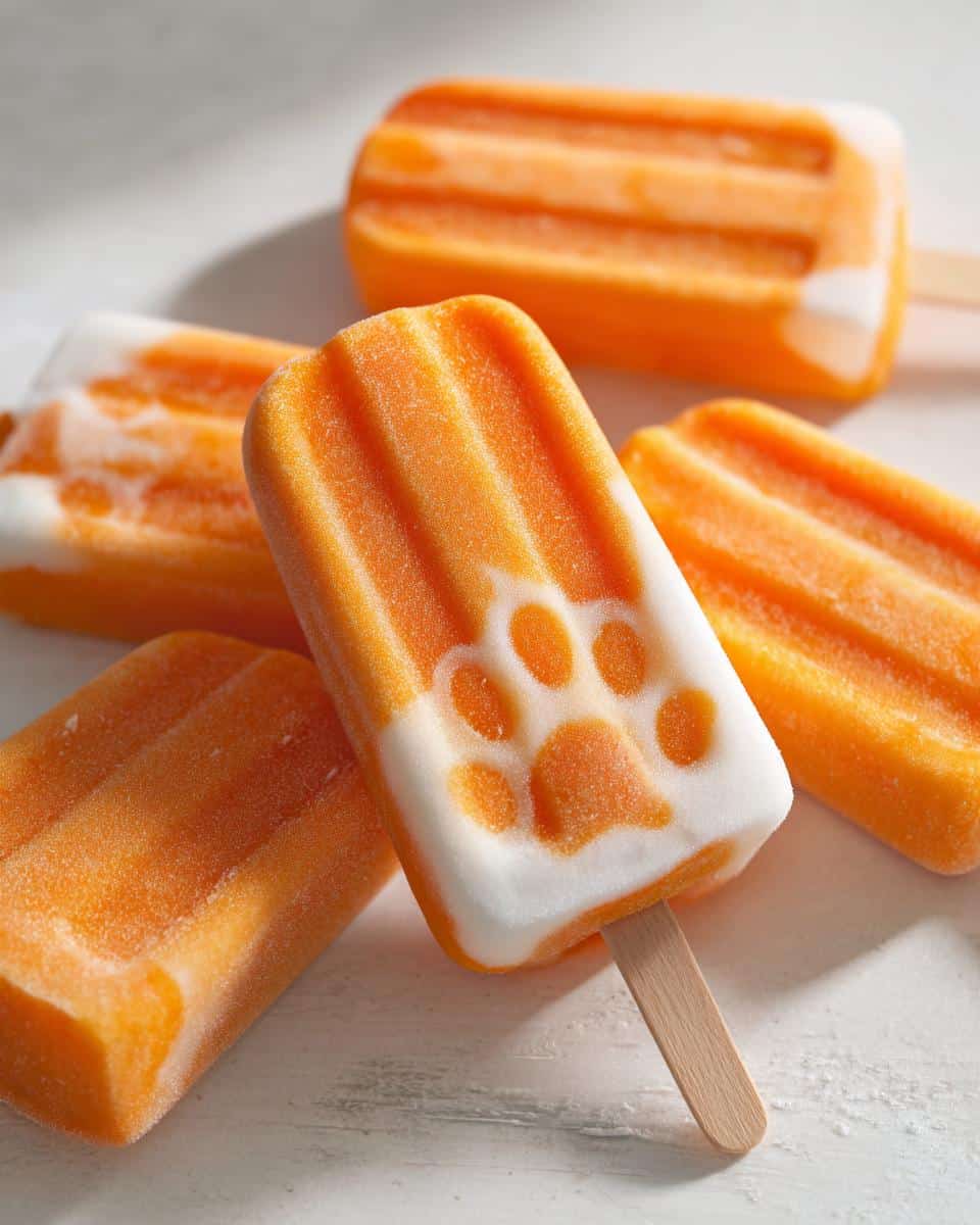 Close-up of homemade Pumpkin Yogurt Paw Popsicles, featuring a clear paw print design in the yogurt layer.