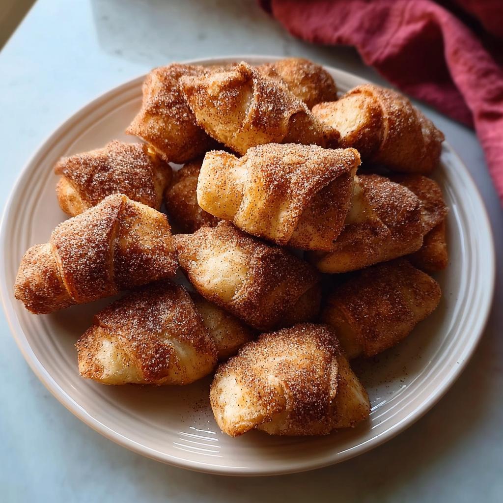 A close-up of freshly baked Apple Pie Bites coated in cinnamon sugar piled on a light-colored plate.