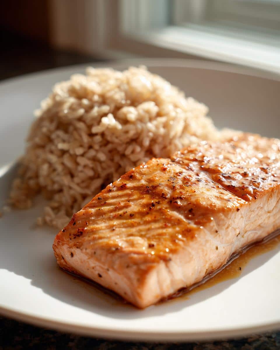 A close-up of a glazed, pan-seared salmon fillet next to a mound of fluffy brown rice.