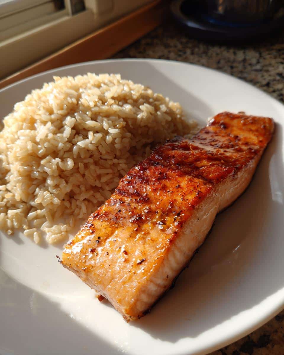 A perfectly cooked fillet of glazed salmon served next to a mound of fluffy brown rice on a white plate.
