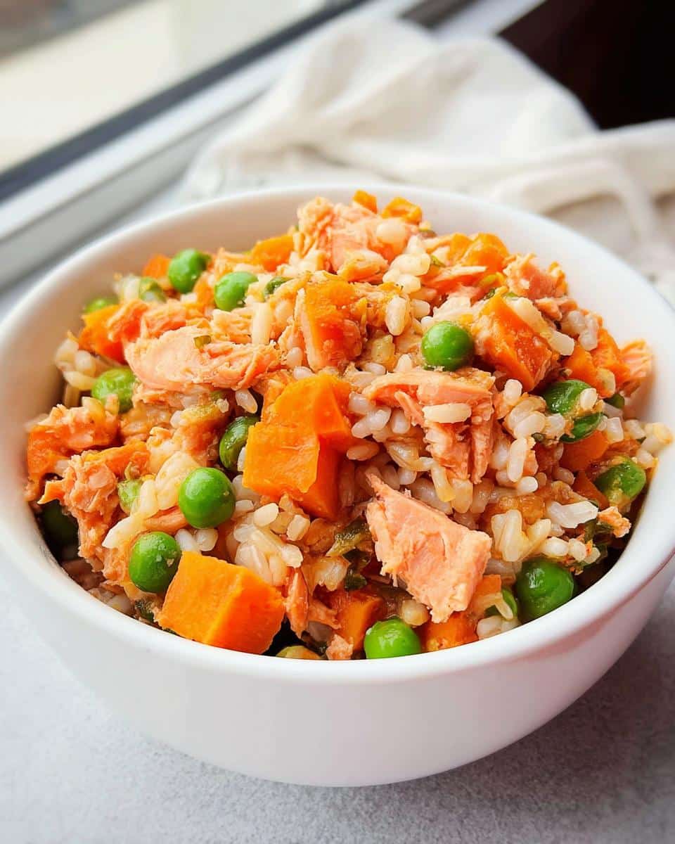Close-up of a white bowl filled with homemade Salmon Dog Food, mixed with rice, diced sweet potatoes, and green peas.