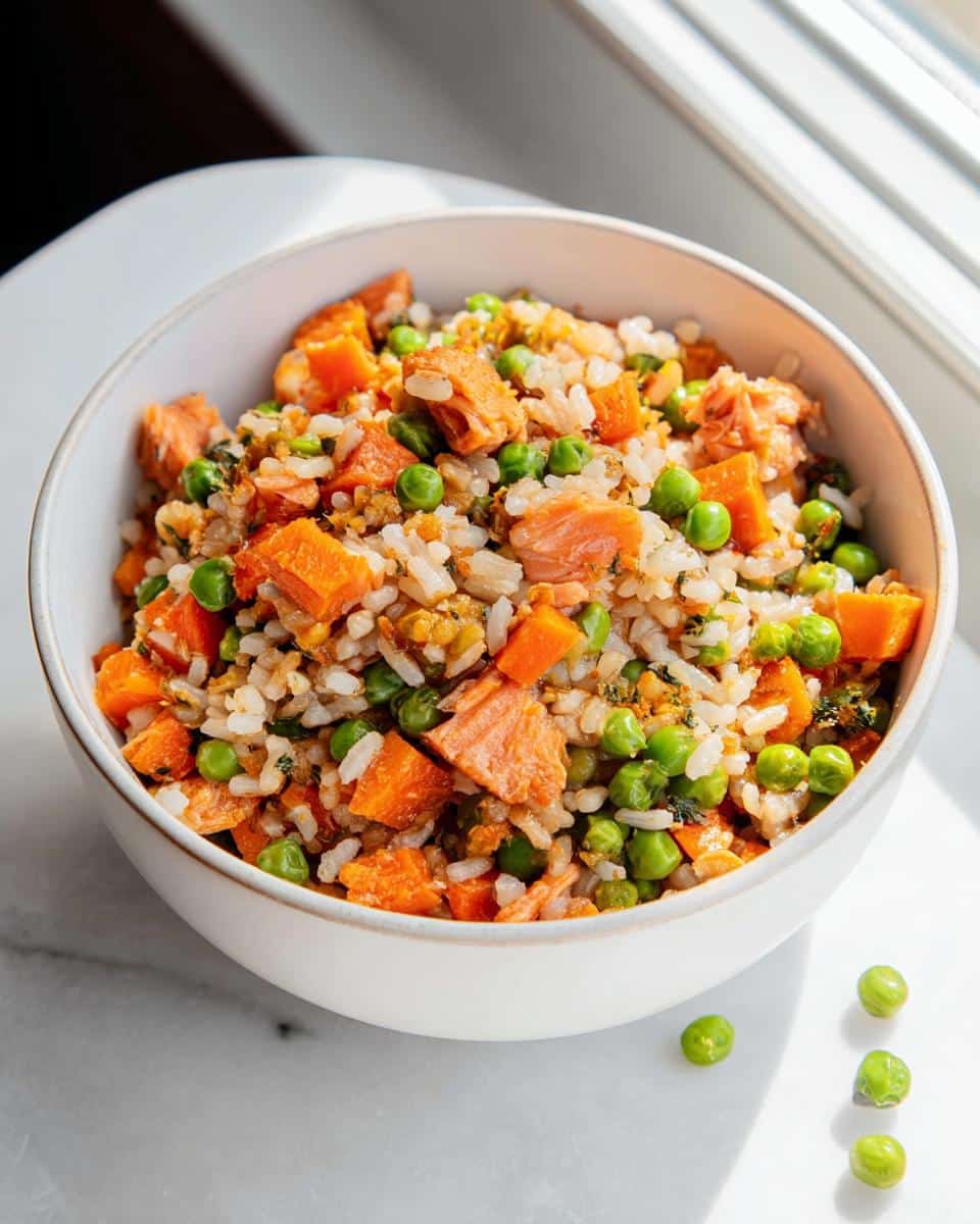 A white bowl filled with homemade Salmon Dog Food mix, featuring chunks of salmon, rice, peas, and carrots.