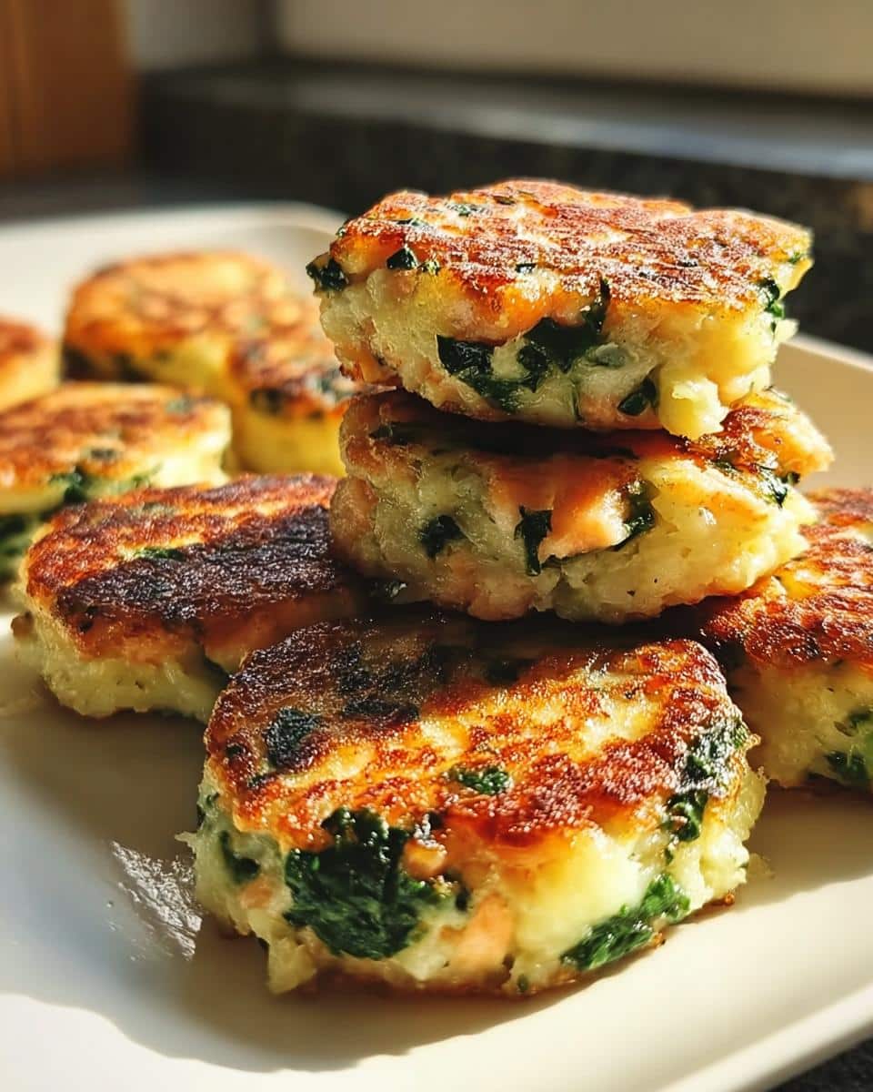 A stack of golden-brown Salmon, Potato, and Spinach Cakes for Dogs, showing potato texture and green spinach filling.