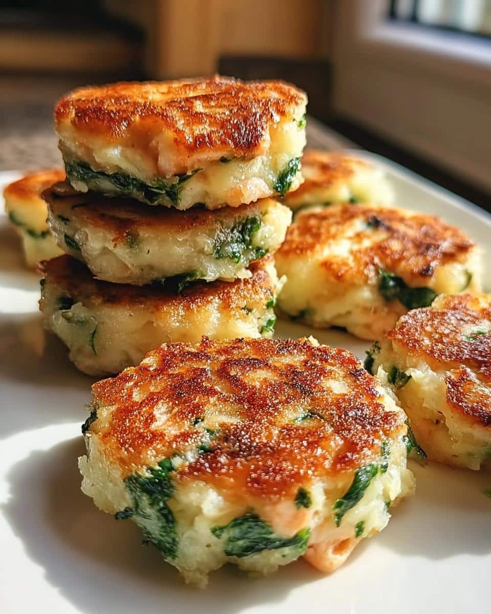 A stack of golden-brown Salmon, Potato, and Spinach Cakes for Dogs, showing visible pieces of green spinach.
