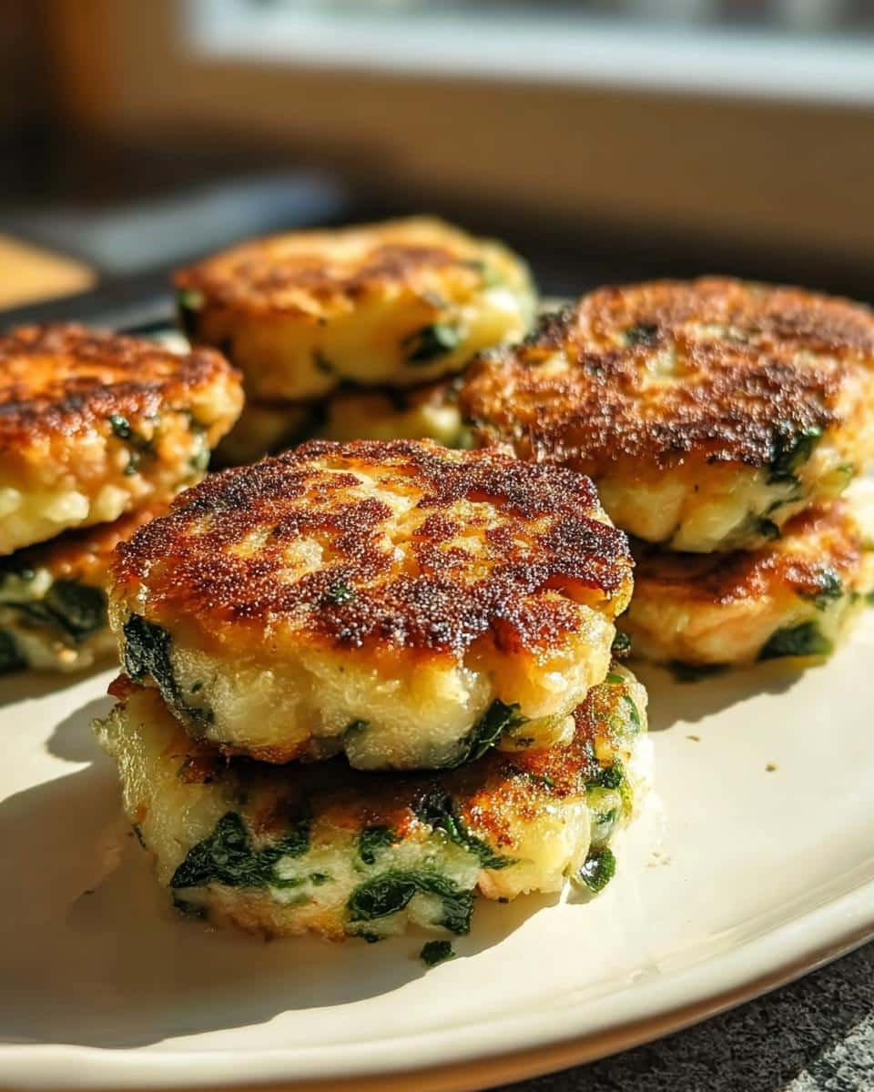Close-up of golden-brown Salmon, Potato, and Spinach Cakes stacked on a white plate.