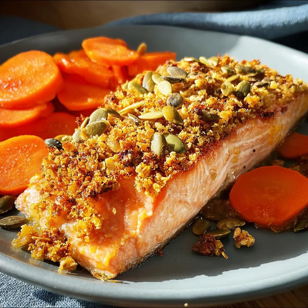 Close-up of a baked salmon fillet topped with a crunchy crust and pumpkin seeds, served alongside sliced carrots, part of the Salmon & Pumpkin Feast.