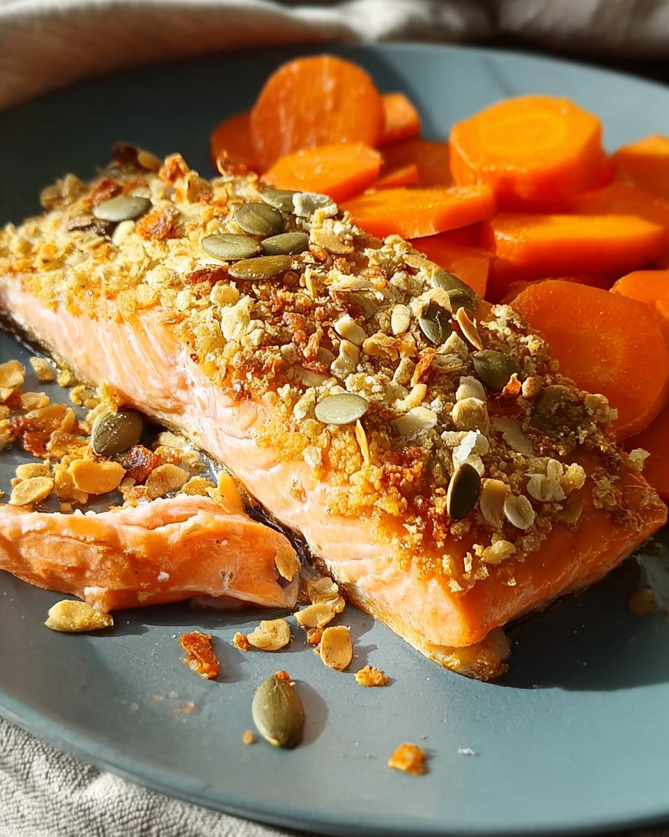 Close-up of a baked salmon fillet with a crunchy seed and nut crust, served with sliced carrots, part of the Salmon & Pumpkin Feast.