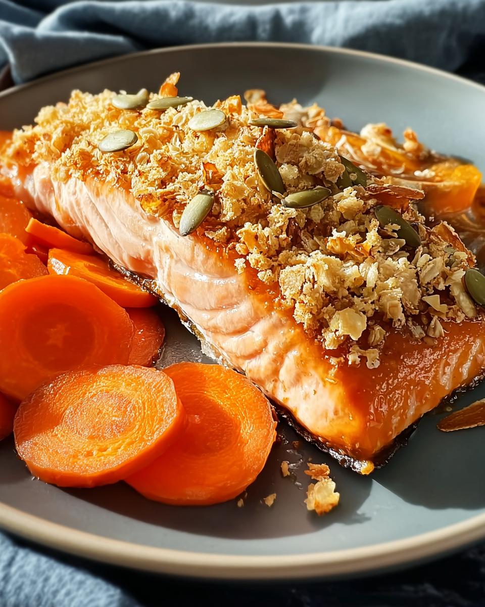 Close-up of a baked salmon fillet topped with a crunchy oat/seed crust, served alongside bright orange cooked carrot slices.